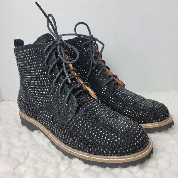 L'Amour Des Pieds Women's Size 7 Black Suede Raynelle Rhinestone Combat Boots - Picture 1 of 9